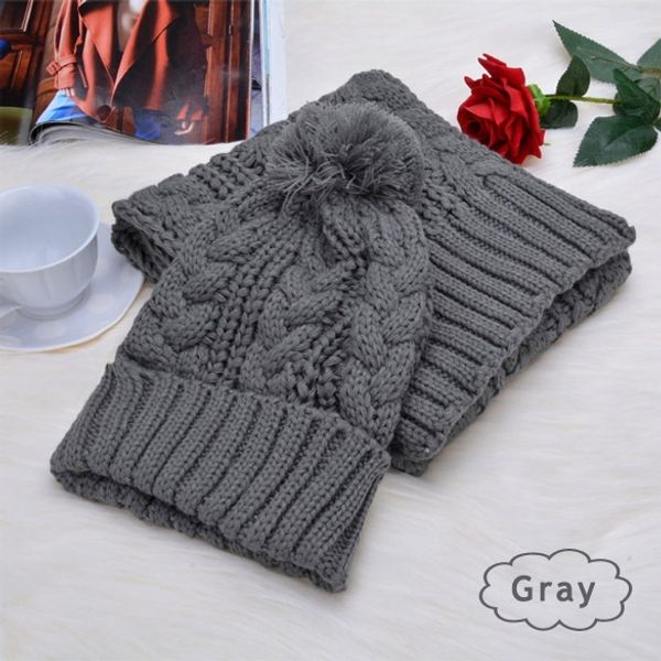 

winter scarf and hat 2pcs set plush ball beanie autumn lady warm knitted cap vintage women bonnet femme black/red, Blue;gray