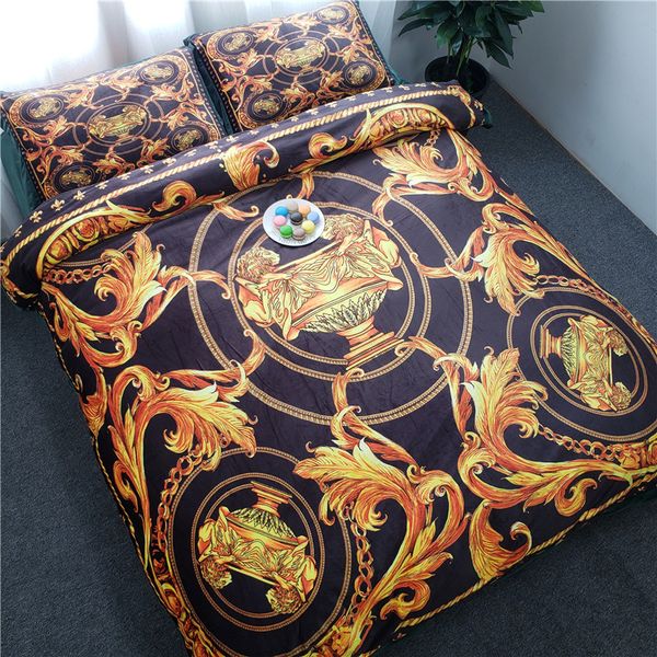 

super luxury european style velvet flannel fashion classic black gold 5pcs bedding set winter warm oil printing duvet cover bed sheet