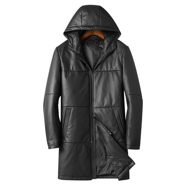 Luxo Mens Inverno Genuine Leather Jackets Brasão Long Down carneiro Jackets Hoodies Outdoor Overcoat Thicken quente Windproof impermeável