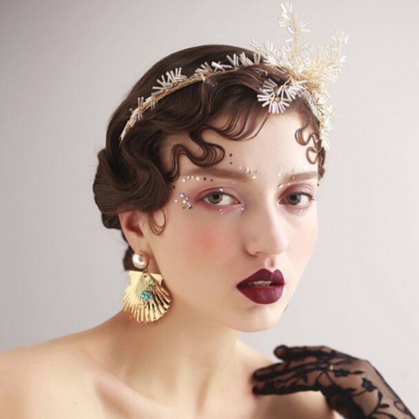 

gold bead hairband drop earrings wedding tiara headband beaded flower prom bridal hair band pearl headpiece for women hair jewel, Golden;white