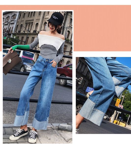 

blue gray straight jeans women slightly flared trousers