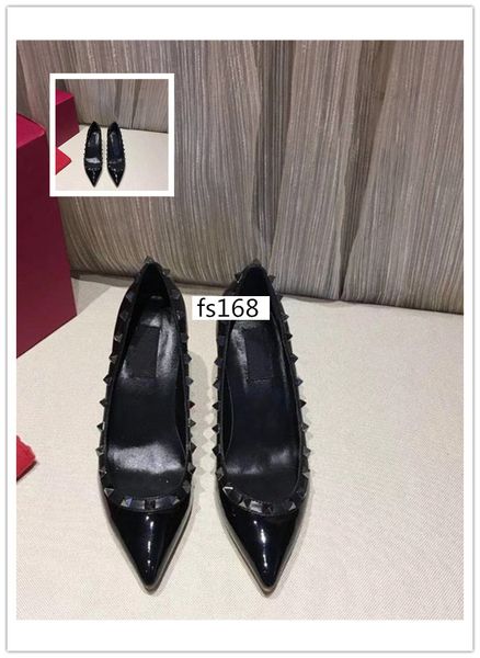 

luxury patent leather women pointed toe 2-strap studs pumps rivet stiletto high-heeled shoes 8.5cm with box, Black