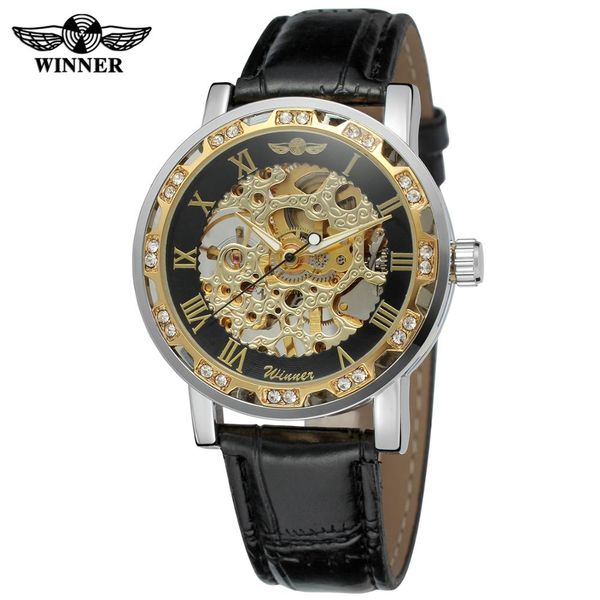 

winner fashion men gold hand wind mechanical watch rhinestone skeleton roman analog leather watches, Slivery;brown