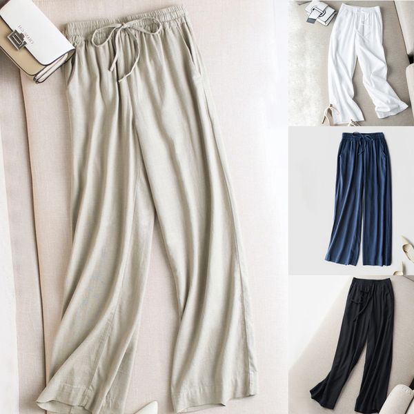 

pants women casual cotton and linen loose elastic waist crop trousers bottoms sports wear wide leg pants high quality, Black;white