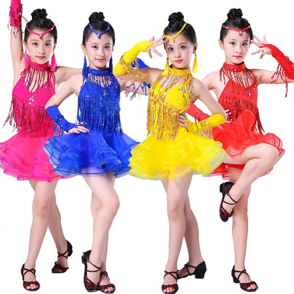 

латинское платье танца для девочка performance wear latin пришивания кисточки бахромы танец костюм девушка юбка платье женщин, Black;red