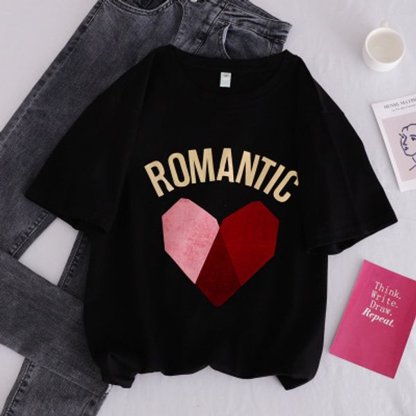 

womens short sleeves t shirt for summer with heart fashion printed women casual tshirts cotton blend ladies tees 3 color size s-xl, White