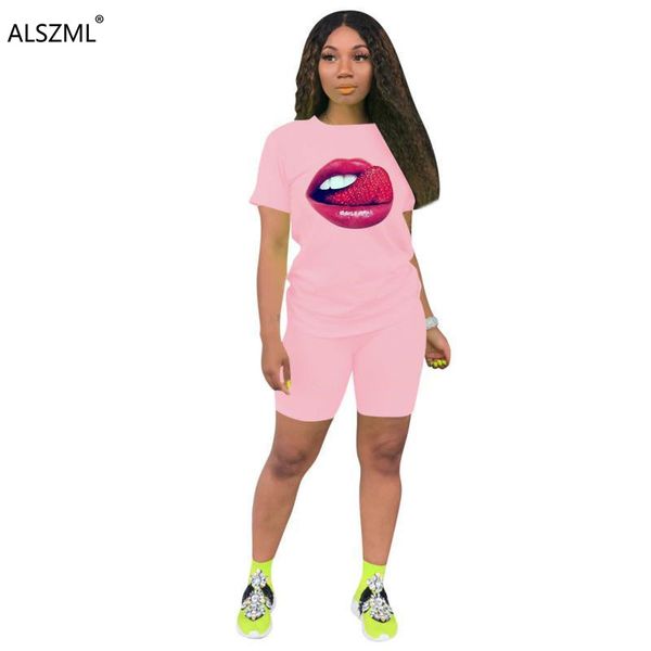 

attractive casual two piece set mouth print o neck short sleeve t-shirt and shorts summer female streetwear, White