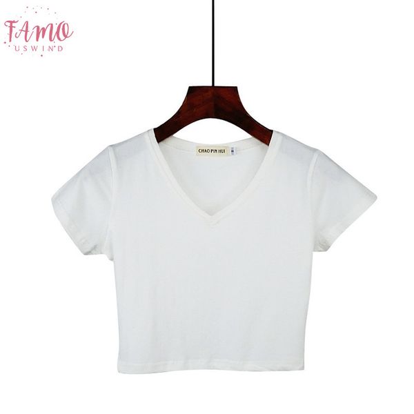 

summer casual korean solid v neck short female t shirt short sleeve t shirt cotton high waist slim womens shirt camiseta mujer, White