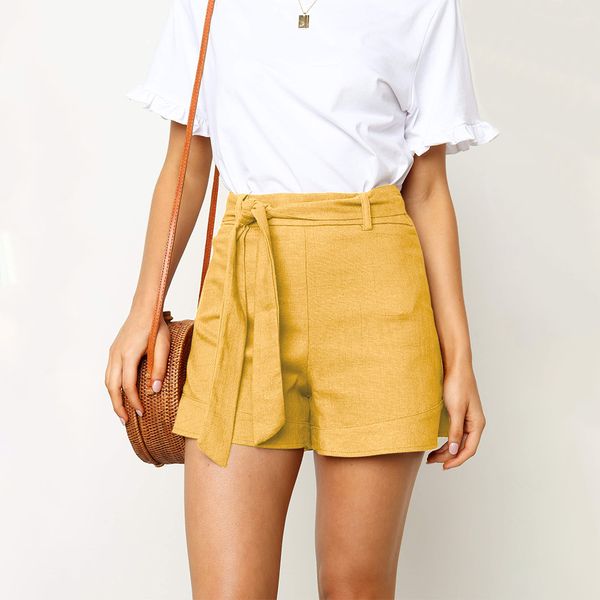 

casual blue paperbag waist twin pocket patched belted bow shorts women summer 2019 high waist wide leg solid shorts, White;black