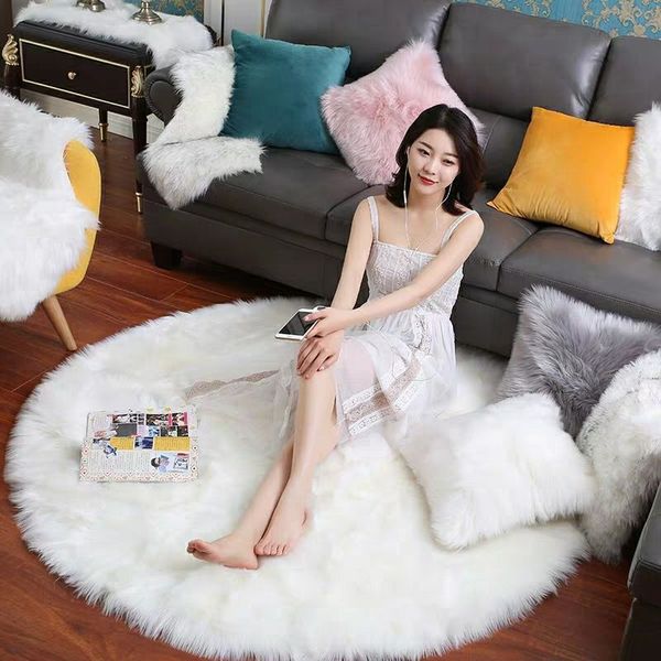 

fluffy round mat long hair carpet soft artificial sheepskin rug pads non-slip chairs home living room coffee table pads faux fur