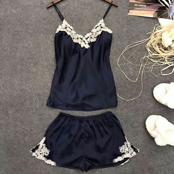 

women lace lingerie sleepwear satin silk nightgown sleeveless pajamas sets pyjama femme mujer summer two piece set, Blue;gray