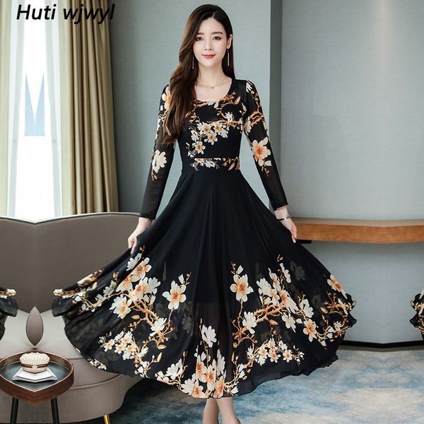 

2019 урожай с длинным рукавом макси платья осень зима 3xl плюс размер цветочные шифон midi платье elegant женщин bodycon партии vestidos, Black;pink