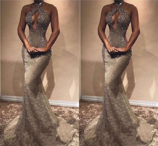 

Charming Halter Neck Mermaid Evening Dresses Sleeveless Sweep Train With Crystal Cutaway Sides Special Occasion Dresses Sexy Prom Dresses