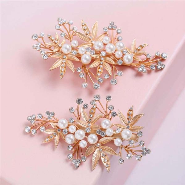 

npason gold leaf women headpiece pearls bridal hair jewelry clip pins rhinestone hair ornament for wedding prom, Golden;white