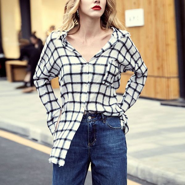 

женщины моды с длинным рукавом плед блузы вскользь нагрудные карманы сыпучие туники топы женские elegant уличная рубашки sexy blusas mujer, White