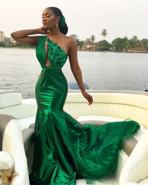 

dreen crystal mermaid prom dress vintage sparkly one shoulder evening gown luxury african formal party bridesmaid dresses plus size, Black
