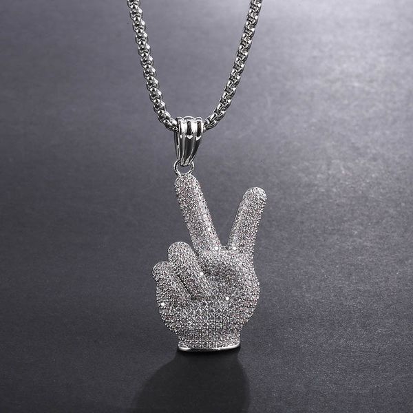 

hip hop full a++ cz stone paved bling ice out victory gesture pendants necklace for men rapper jewelry silver color