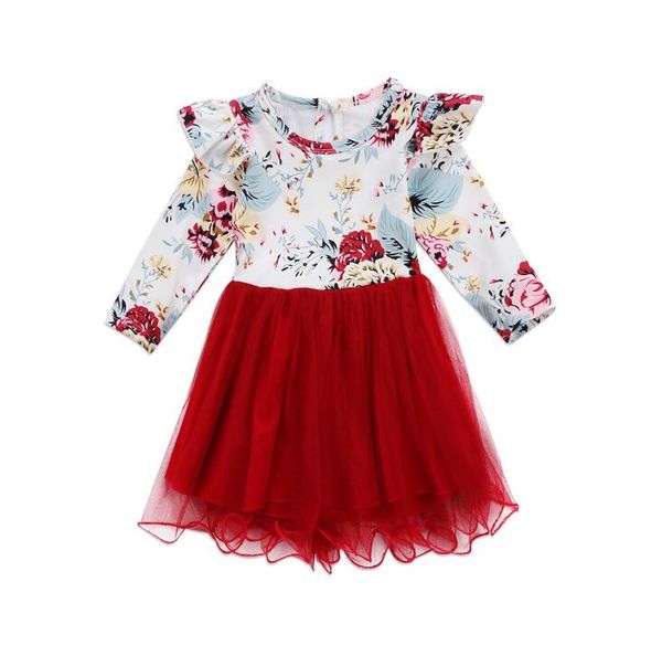 

broken flower girl party dress long sleeve mosaic red mesh dress princess skirt for kids 2-7t, Red;yellow