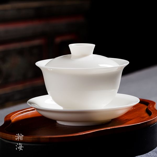 

white porcelain sancai bowl household pot size cover kung fu tea set sancai cup cover cup tea to tea bowl
