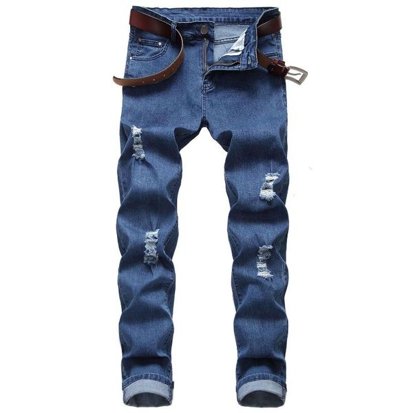 

men's distressed stretch ripped jeans elastic force holes pants soild color male wear trousers slim fit holes punk denim jeans, Blue