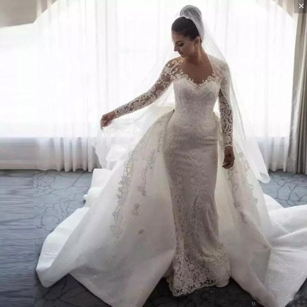 

2019 Appliques Lace Mermaid Wedding Dresses Long Sleeves Sheer Neck Saudi Arabic Wedding Gowns With Attachable Train Bridal Dresses