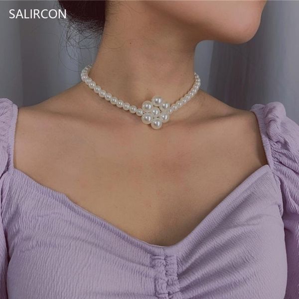 

salircon fashion white imitation pearl necklaces flower pendant clavicle chain short choker necklace women wedding jewelry gifts, Golden;silver