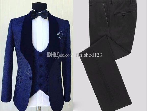 Immagine reale One Button Blue Pattern Smoking dello sposo da sposa Scialle Risvolto Groomsmen Mens Dinner Blazer Suits (Jacket + Pants + Vest + Tie) NO: 1582