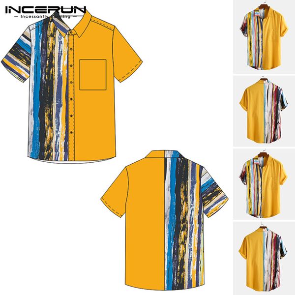 

incerun man casual short sleeve lapel printed shirt fashion men striped patchwork shirts summer hwaiian streetwear blusas s-3xl, White;black