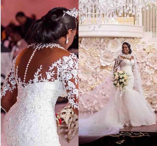 2020 New Black Girl Africano Plus Size Sereia Laço Vestidos de Noiva de Laço de Manga Longa Principal Princesa Vintage Vestidos de Casamento Nigéria