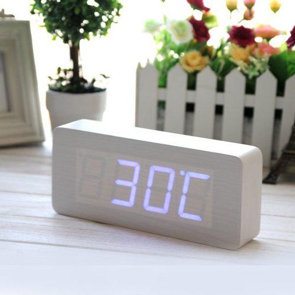 

dishykooker eiiox rectangular wooden alarm clock/ white wood grain blue led clock/ time date