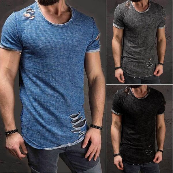 

Ripped Men'S Slim Fit Muscle O-Neck Distressed Tee Hole New Hot Tops Shirt Casual Short Sleeve Frayed T-Shirts