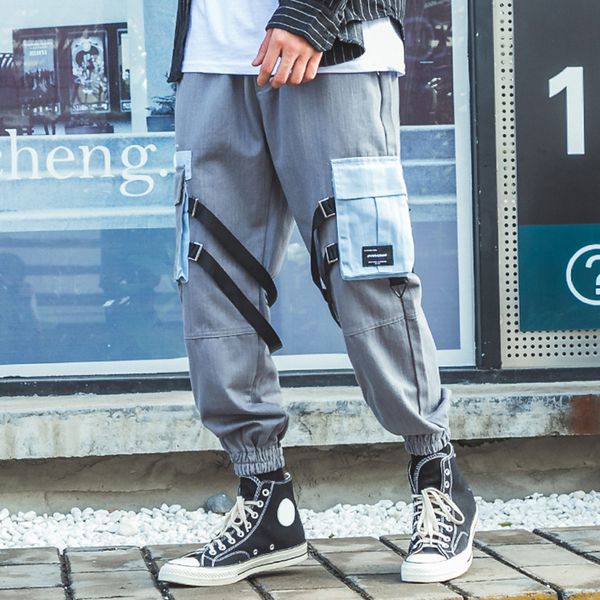 

harajuku hip hip брюки мужчины streetwear шаровары мужчины бегуны sweatpants 2020 весна ленты большой карманы грузовые брюки, Black