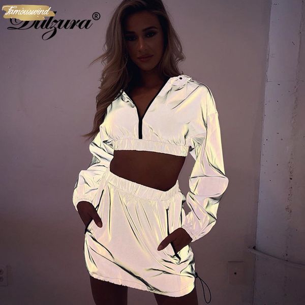

flash reflective long sleeve hoodies pullover piece crop high waist mini skirt women 2 hooded set, Gray