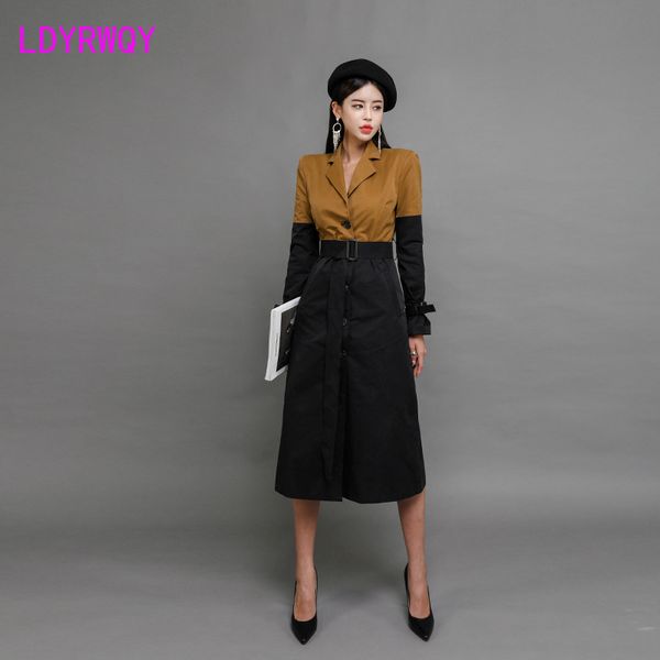 

2020 korean version of temperament new winter long suit collar with color belt windbreaker button turn-down collar, Tan;black