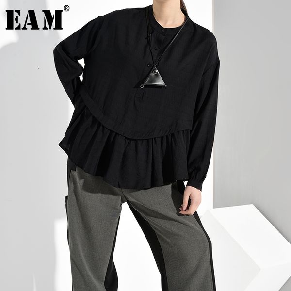 

eam] women black asymmetrical ruffles blouse new stand collar long sleeve loose fit shirt fashion spring autumn 2019 1a8220, White