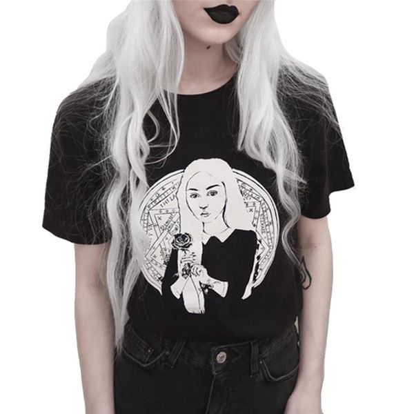 

2020 gothic t shirt women fashion aesthetic rose printing black t-shirt femme summer short sleeve streetwear loose &tees, White