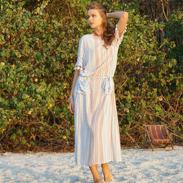 

v-neck mid-sleeve tassel loose women's pocket stripe long dress 2020 new fashion retro bohemian beach vacation casual dress, Black;gray