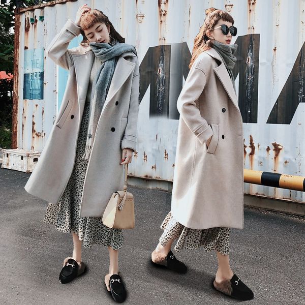 

2019 autumn and winter woolen coat female lapel chic woolen long section over the knees slim college wind coat woman, Black