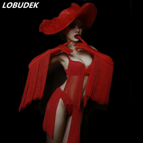 

2018 рождество женский костюм ночной клуб red кисточки бикини big hat party sexy stage outfit bar dj singer performance бюстгальтер шорты, Black;red