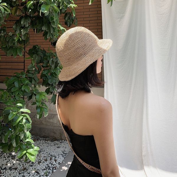 

lafite fisherman women's sunscreen sunshade basin hipster folding bucket bucket straw fisherman hat straw hat fashionable all-match, Blue;gray