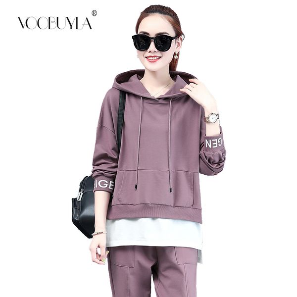 

voobuyla women sportswear autumn tracksuit hoodies pants sweatshirt sweat suit gym running fitness plus size 3xl jogging set new, Black;blue
