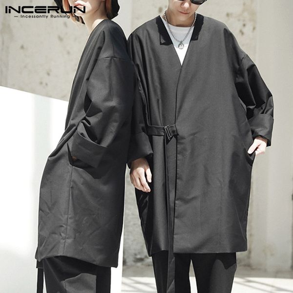 

incerun 2019 men trench coat long sleeve loose lace up punk style kimono windbreaker solid men jacket outerwear streetwear s-5xl, Tan;black
