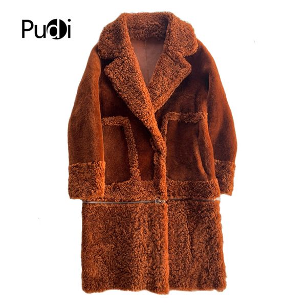 

pudi a21154 women's winter genuine sheepskin with real sheep fur inside jacket overcoat turn-down collar lady long coat, Black