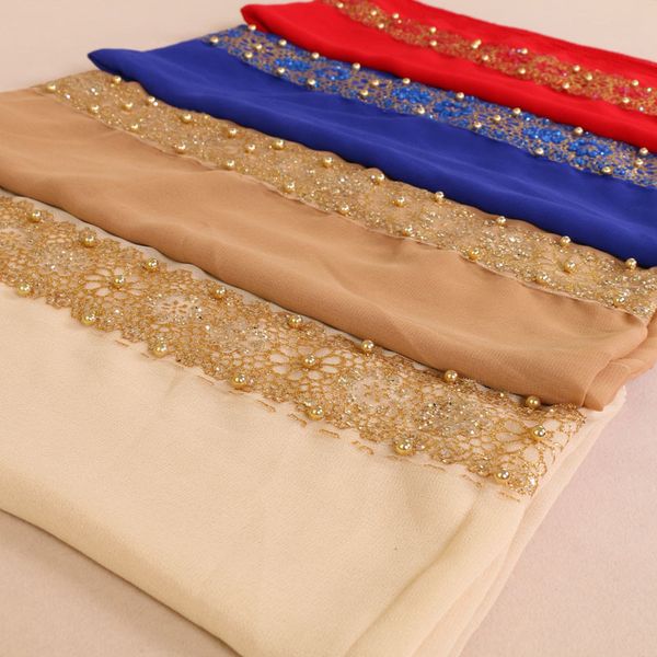 

new muslim plain lace pearl floral hijab glitter flower turban scarf islam female quality chiffon beading shawl wrap headscarf, Red