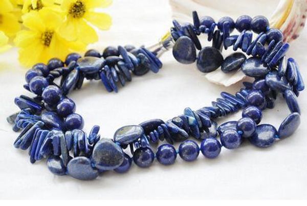 

3row 17" blue heart round dentiscalprum lapis lazuli necklace, Silver