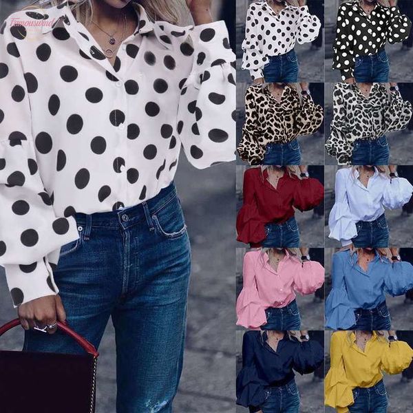 

fashion 2020 women long puff sleeve blouses lapel buttons casual loose solid party work blusas mujer plus size, White