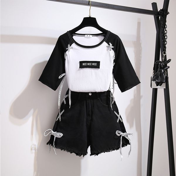 

2020 summer korean two piece set women patchwork bandage t-shirt + side bandage denim shorts set for girt student black suits, White