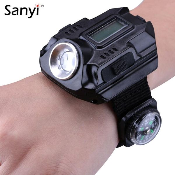 

sanyi r2 led wrist watch torch portable light usb charging 4-mode light tactical time display with compass