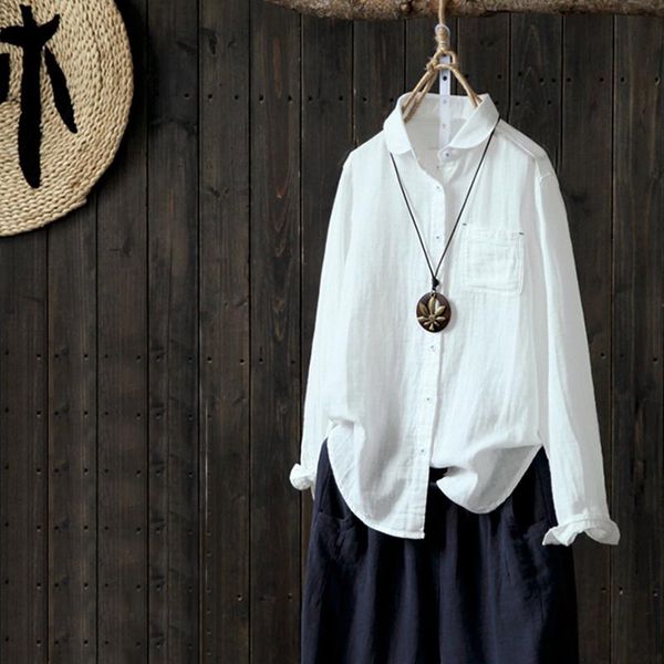 

2018 autumn fashion zanzea women casual solid lapel long sleeve elegant work office cotton linen loose shirt blouse blusas, White