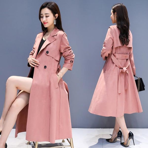

2020 new spring autumn fashion women suede trench coat slim with belt long windbreaker ladies overcoat korean clothing t137, Tan;black